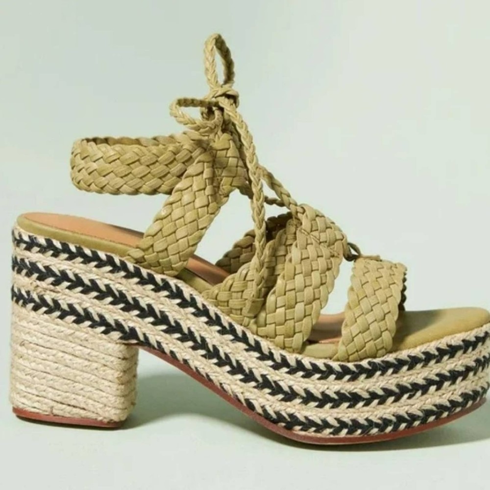 Anthropologie Michele heeled chunky braided green leather platform sandals 7